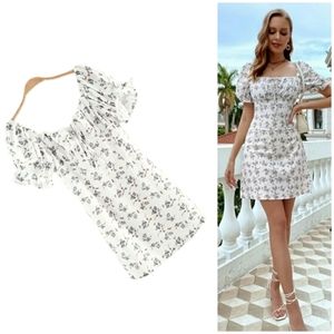 NEW Boho Ruched White Floral Milkmaid Dress